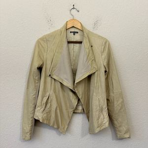 VINCE 100% Leather Cowl Neck Moto Jacket in Beige